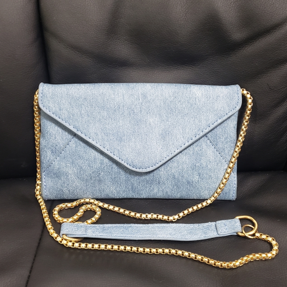 Stylish Blue Faux Leather Clutch with Gold Chain